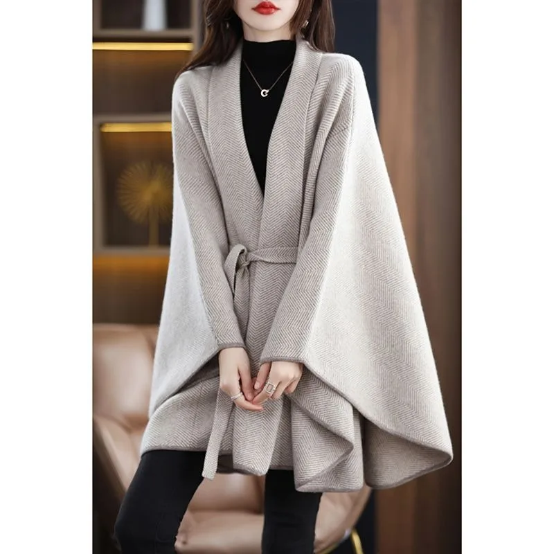 

2023 Autumn Winter New Women Elegant Cape Coat Pure Cashmere Sweater Herringbone Lace-up Loose Knitwear Fashion Casual Outwear