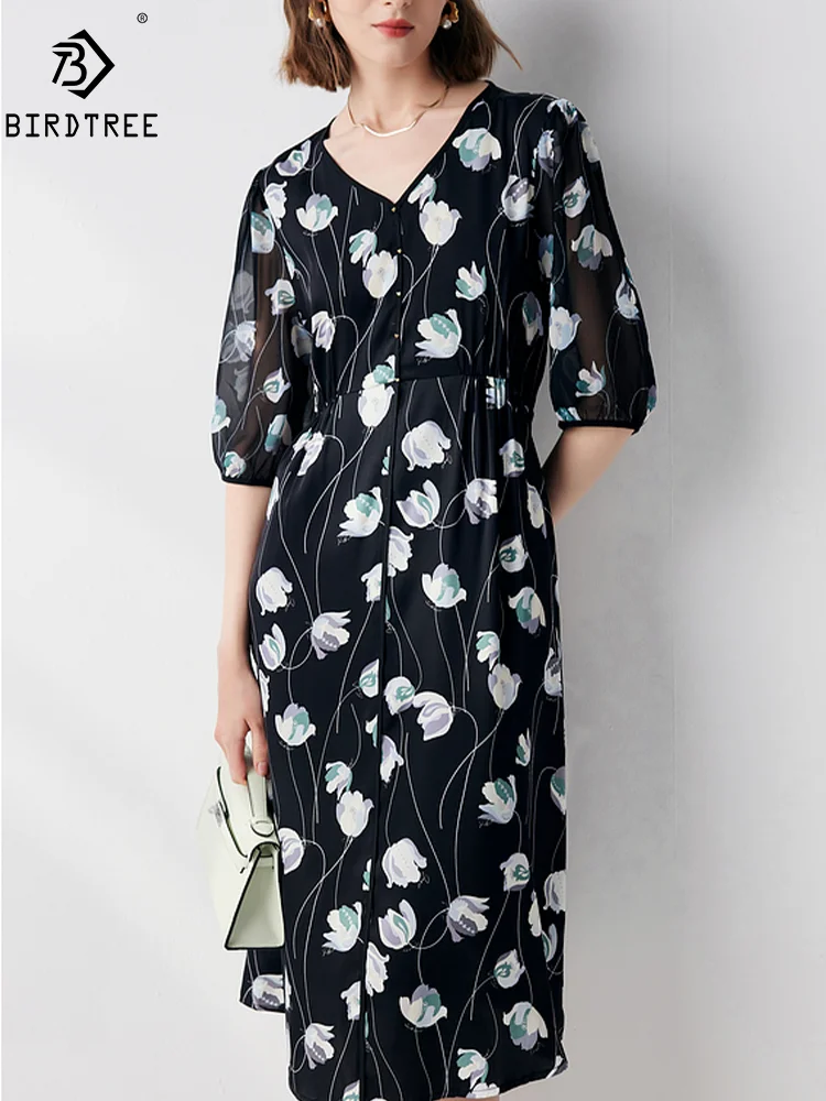 

BirdTree, 19MM 91%Mulberry Silk Elegant Dresses, Women Half Sleeve VNeck Floral, Retro Fashion OL Dress, Summer Autumn D47260QM