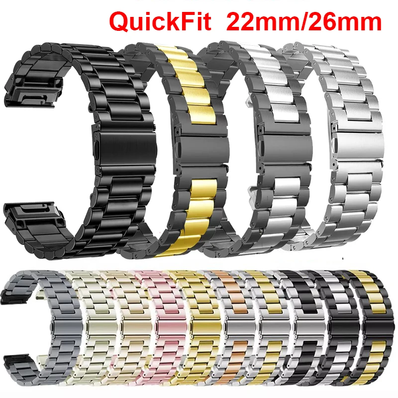 Quickfit 22 26mm Stainless Steel Strap For Garmin Watch Fenix 7 Pro 7X 8 AMOLED 51 Instinct 2 2X 3 Forerunner 970 570 47mm Band