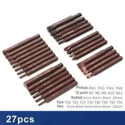 27pcs 80mm Long 5/16 inch 8mm Hex Shank Heavy Impact Slotted Torx Phillips Screwdriver Bit Cross/ 12 point Spline bits Tool kits