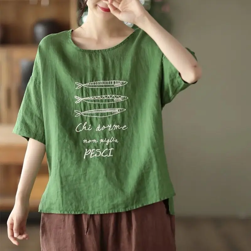 레트로 자수 린넨 반팔 티셔츠 여성 여름 신상 루즈핏 큰 사이즈 다용도 디자인 라운드넥 오버헤드 셔츠