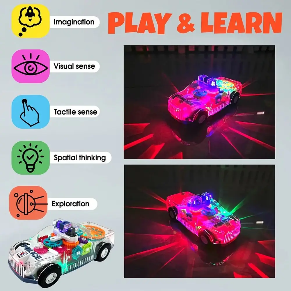 1Pcs Durable Spinning Gears Light Up Car with Universal Wheels Transparent Police Car Colorful LED Lights Music Car Model for