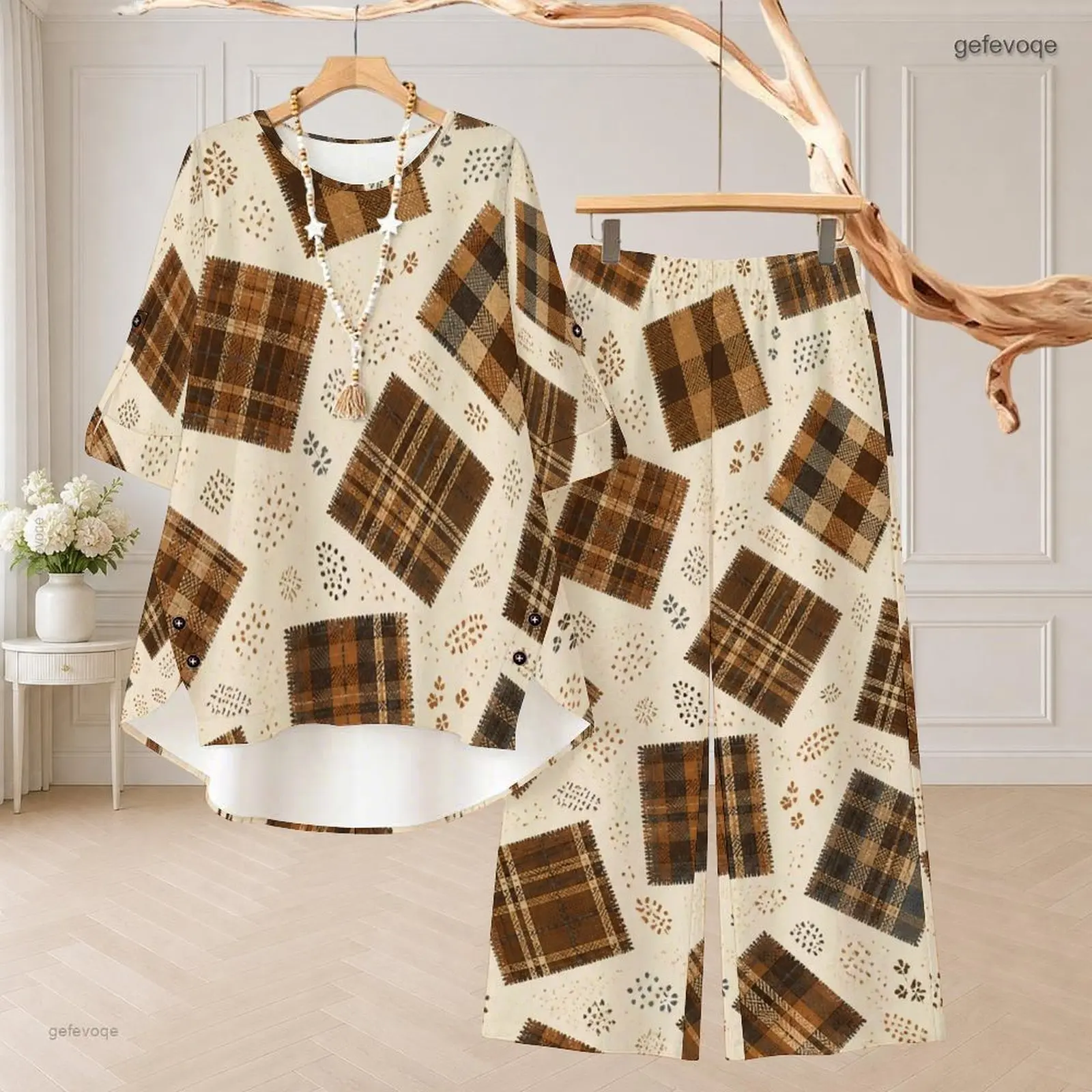 Women Printed Brown Plaid Patch Round Neck 3/4 Sleeve Top and Long Pants Two Piece Set
