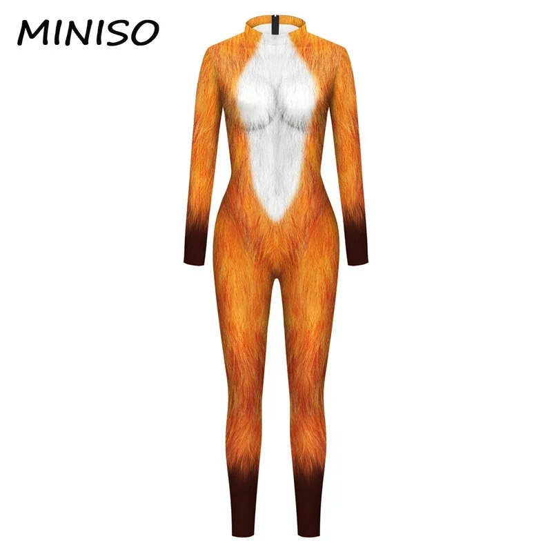 MINISO Cosplay Fuchs Muster Kostüm Overall Frauen Kleidung Tier Catsuit Outfits Halloween Karneval Dress Up Zentai Body