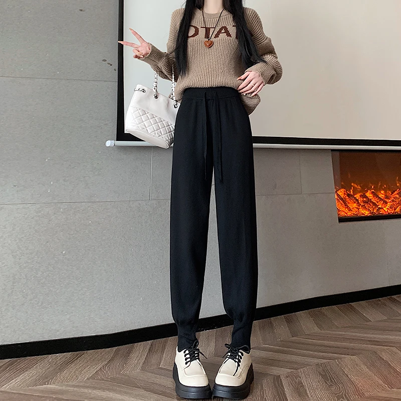 

Корейские брюки до щиколотки с высокой талией, новинка 2023 года, осенние свободные брюки с эластичной резинкой на талии, женские вязаные шаровары Pantalones De Mujer