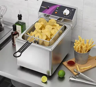 Commercial Deep Fryer 3/3.1KW Electric Countertop Fryer with Basket Single Tank Oil Fryer Thickened 60~200°C Temp Control