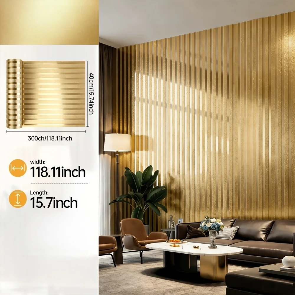 1PC 3meters/118.11inch Instant Room Makeover Gold Metallic Striped Wallpaper Peel and Stick Self-Adhesive for Accent Wall DIY De