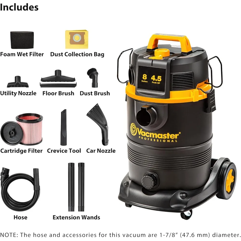Пылесос для влажной/сухой уборки мощностью 8 галлонов мощностью 4,5 л.с. с системой самоочищающегося фильтра черного цвета