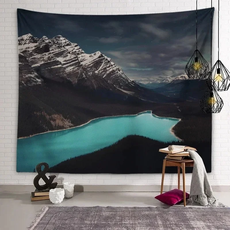 VIKAMA Nature Lake Wall Tapestry Alpine Forest Snow Mountain Clear Water Reflection Scenery Pattern Fabric Wall Backdrop