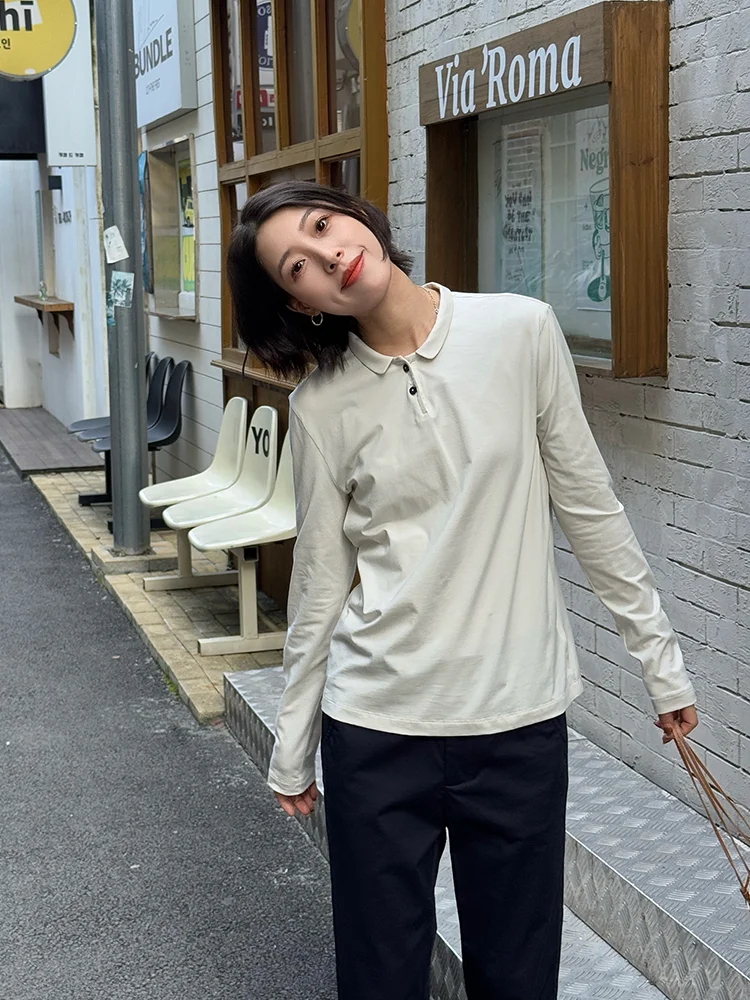 

Slim Fit Long Sve irt T-irt Women Beige Ele Sle Autumn Faion Thinming Top Cotton Pure Color Commute Sle