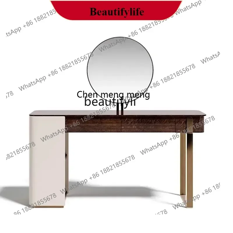 

10z Custom Italian Bedroom Stainless Steel Golden Dressing Table Wood Grain Paint Finish Model Room with Mirror Custom Makeup