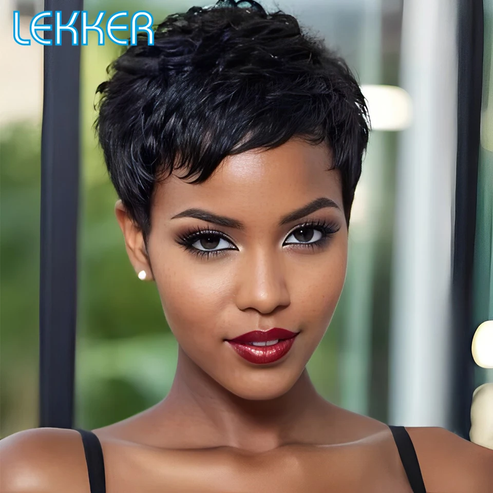 

Lekker Short Pixie Cut 100% Human Hair Wigs For Women Brazilian Remy Hair Natural Dark Full Machine Made Daily Colored Bob Wig