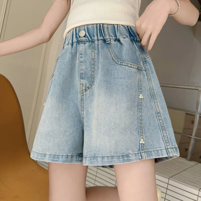 UNITIM 4-14Yrs Kid Girls Shorts Summer Junior Girls Denim Shorts Loose Versatile Elastic Waist Young Teenagers Girls Short Jeans