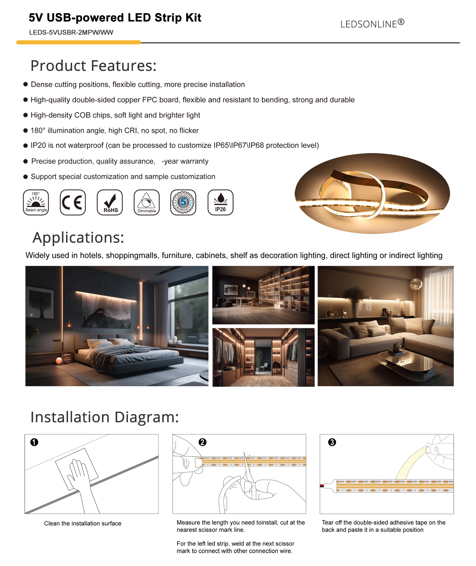 Imagem -03 - Usb Powered Cob Led Strip Light Dimmable Timmer Linear Controle Remoto Cama Under Frame Cabeceira Gabinete de tv 480led Cri95 5v