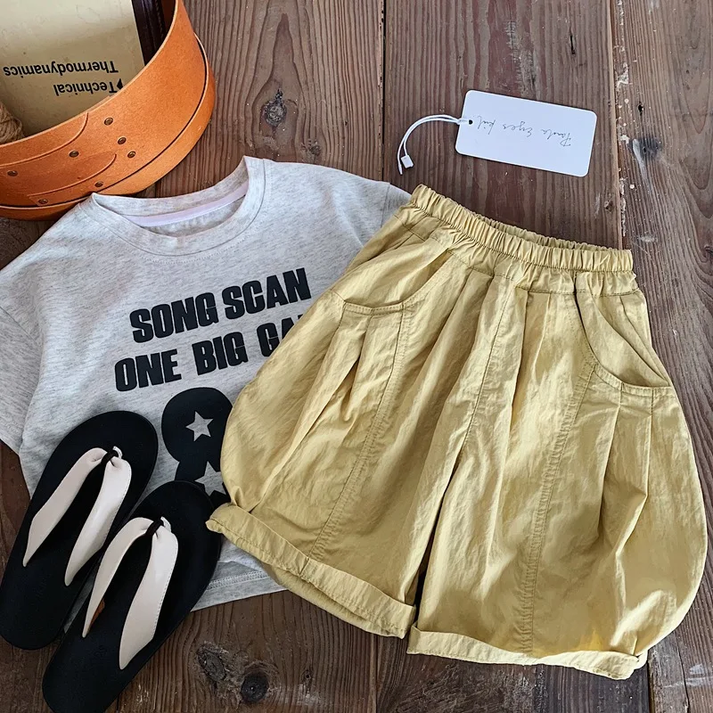 2026 Male Child Labor Shorts Childrens Summer Clothes Thin Baby Loose Solid Color Straight Tube Washed Casual Five Quarter Pants