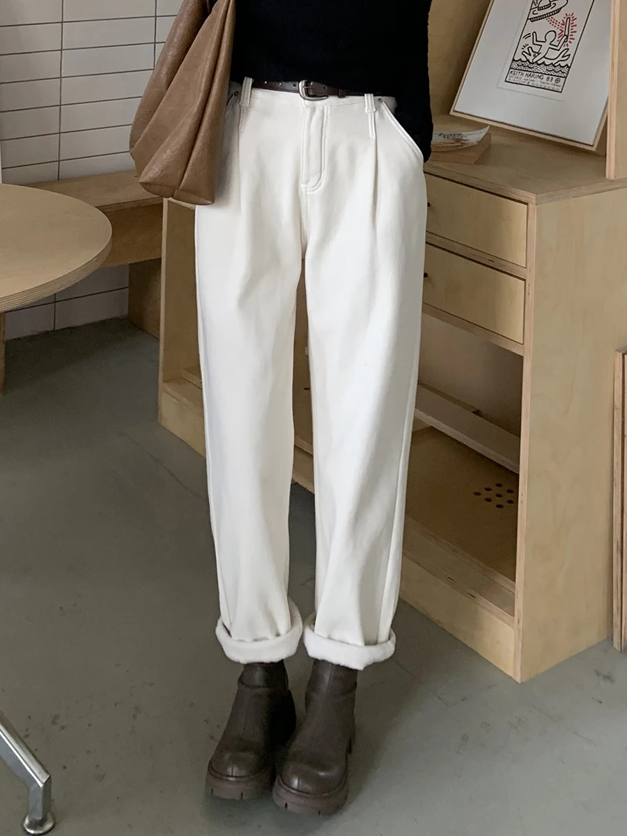 

Бинго Сюань, прямые джинсы с высокой талией на подкладке, женские тонкие осенне-зимние повседневные утягивающие универсальные брюки