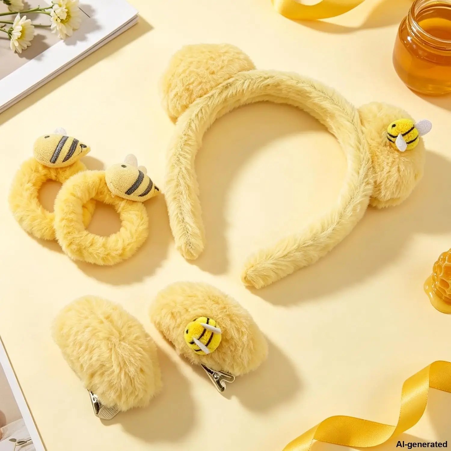 5PCS Bear Ear Headband Bee Hair Clips & Hair Ties for Halloween Costume Bear Ear Fluffy Hair Hoop, Makeup Washing Face Hairband