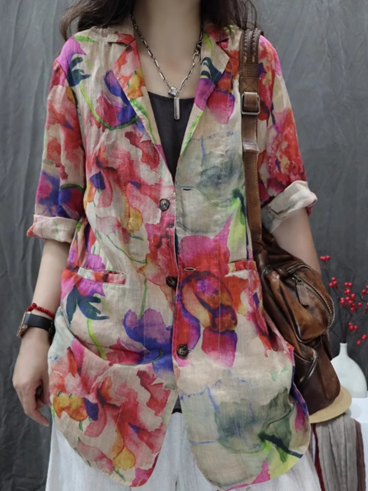 

Retro Sle Cotton Linen Printed Loose Long Sve Women's irt Autumn Summer New Arrival Versatile Casual Top for Ladies