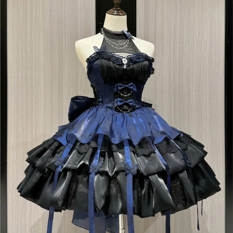 Black and Blue Halter Pure Desire Dress Trailing Pettiskirt