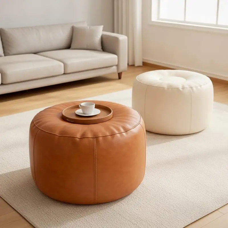 Foldable Round Storage Ottoman PU Leather Pouf Seat with Hidden Compartment for Living Room Entryway Shoe Changing