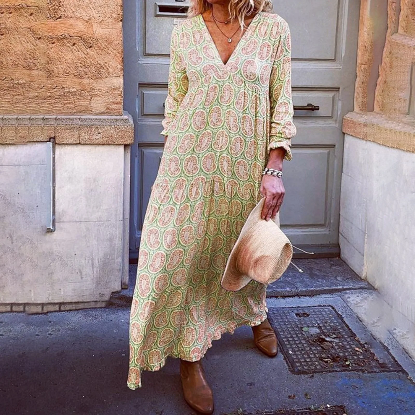 

Casual Bohemian Style Beach Long Dresses For Women 2024 Fashion Printed V-neck Long Sleeve Comfortable Loose Maxi Dress