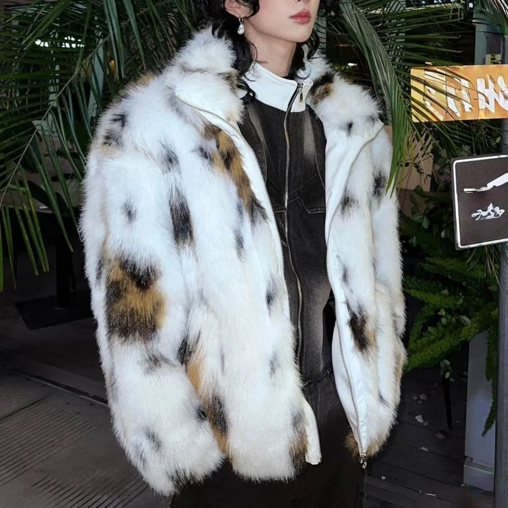 Winter New Men's Leopard Print Long-Sleeved Fur Jacket American Retro Fashion Trend High Street Loose Niche Men's Tops 2025
