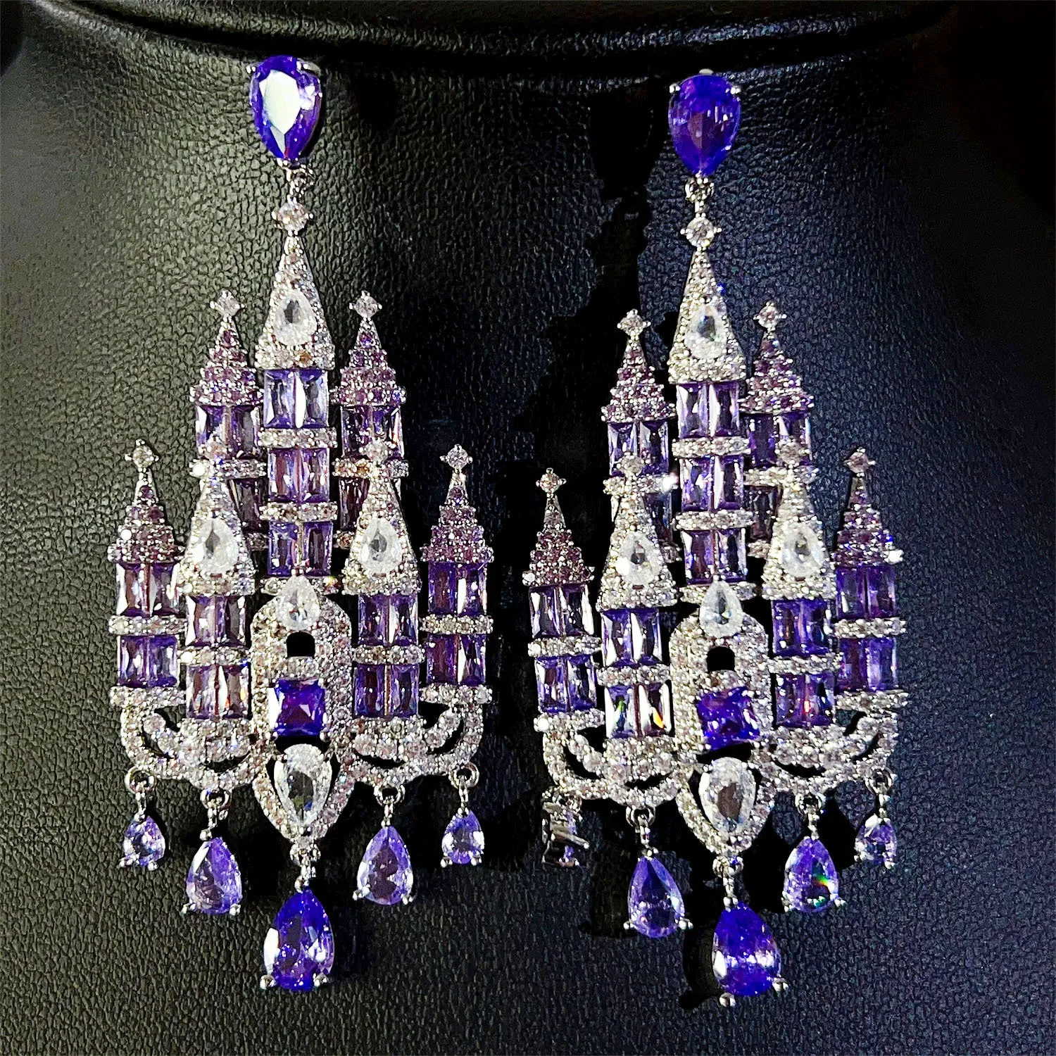 

Gorgeous Earrings Large Castle Pendant Purple Blue Pink Zirconia Jewelry Gown Dinner Party Wedding Women Dangling Earrings