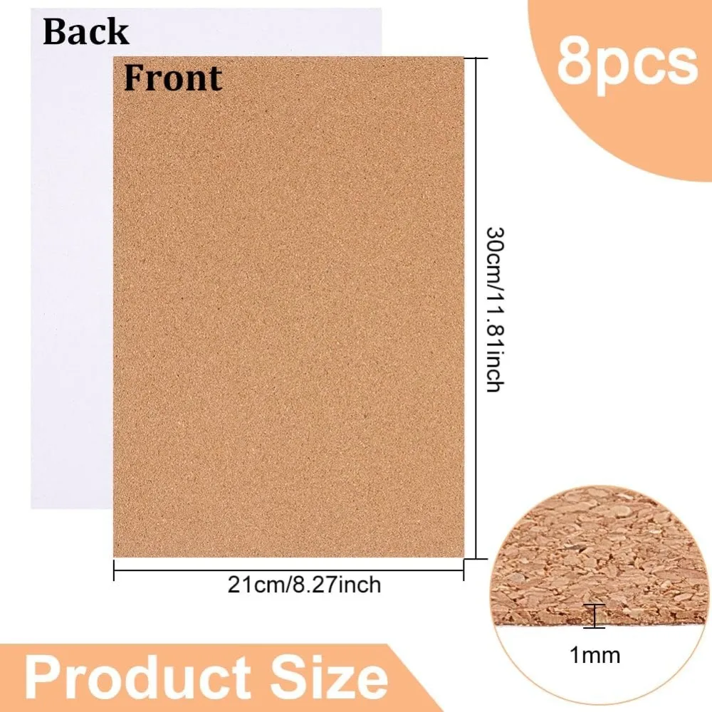 8 Pack Self-Adhesive Cork Sheets 1mm Thick A4 Rectangle Insulation Cork Backing Sheets for Coaster, Wall Decoration, Wedding