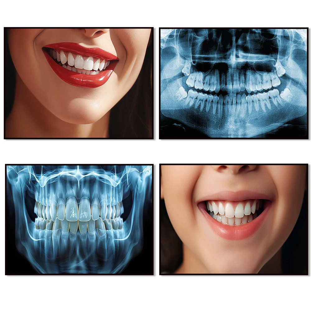 Blumenmuster auf Zähnen, Dentalröntgenbild, schöner Lächeln-Print, Wurzelkanalbehandlung, Zahnarztpraxis, Zahnarzt, kieferorthopädisches Geschenkposter