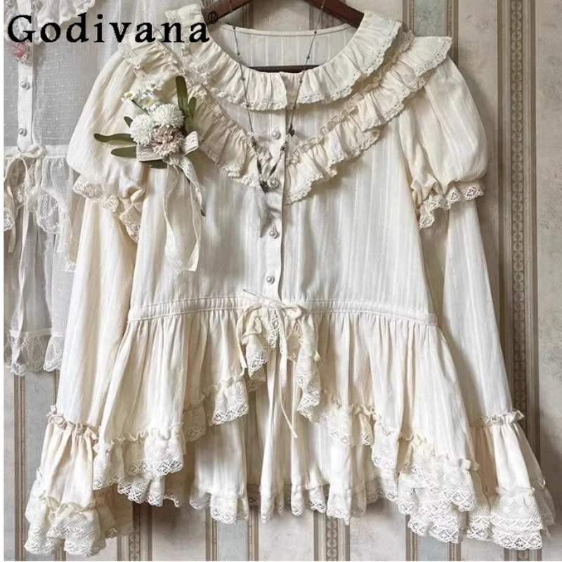 

Sweet Lolita Versatile Long Sleeve Autumn Winter Bottoming Shirt Girls Detachable Sleeves Temperament Lace Peter Pan Collar Top