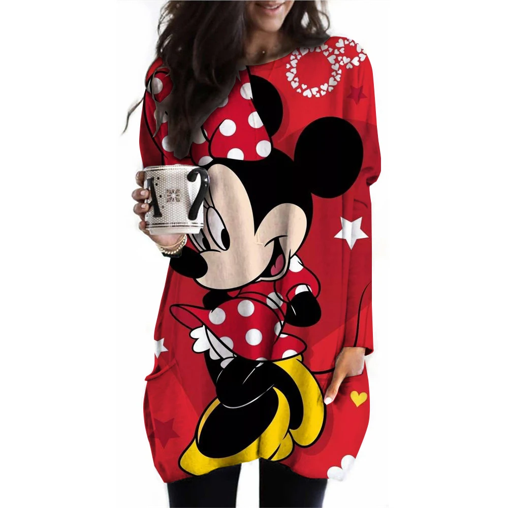 Disney Mickey Mouse Print T Shirt Women Graphic Shirts Casual Long Sleeved Minnie Mouse Pink Female Tee O-neck Harajuku T-shirts