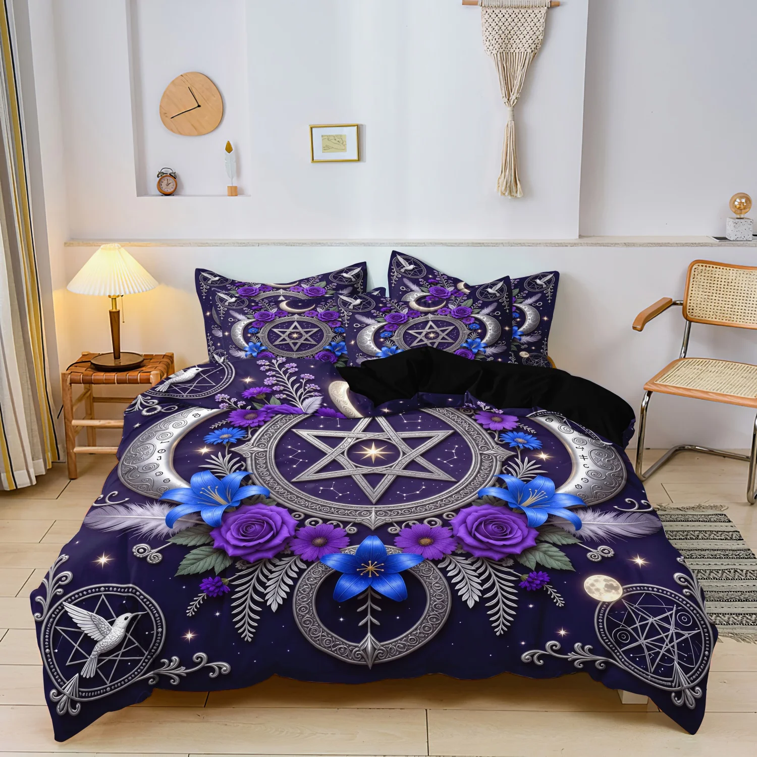 3Pieces Purple Pentagram Crescent Moon Floral White Bird Duvet Cover Set, Celestial Star Rose Lily Feather Occult Print Bedding