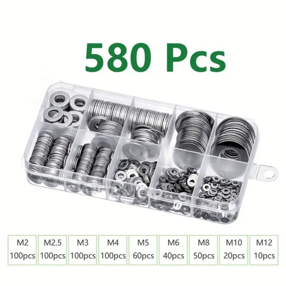 580Pcs Stainless Steel Flat Washer Assortment M2-M12 Multi Size Galvanized Surface Screw Fastener Accessories Rust Resistant