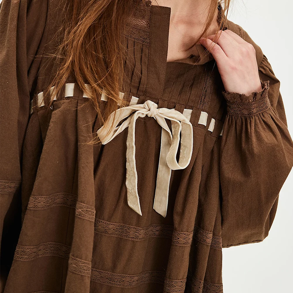 المرأة ريترو ربطة القوس فيونكة فستان بيبي دول صغير ربيع الخريف لطيف التطريز الأزهار تي شيرت فستان Y2k كم طويل قصير فستان الشمس Flowy