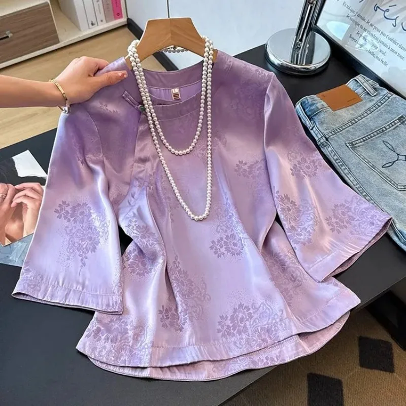 New Chinese Style Women Satin Jacquard Shirt Summer Oblique Placket Frog Button Three Quarter Blouse