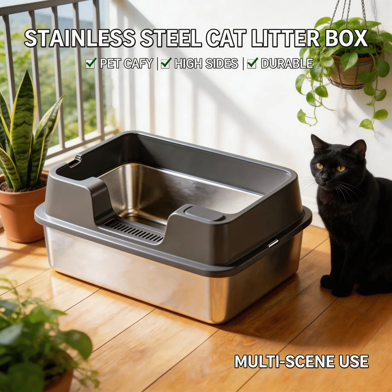 

Лоток для кошек из нержавеющей стали с совком, для больших кошек, XL, металлический, с высокими бортиками, нелипкий, туалет для кошек