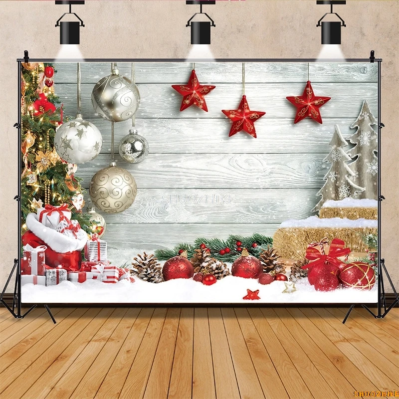 

SHUOZHIKE Christmas Tree Flower Wreath Wooden Gift Photography Backdrop Window Snowman Cinema New Year Background Prop HS-01