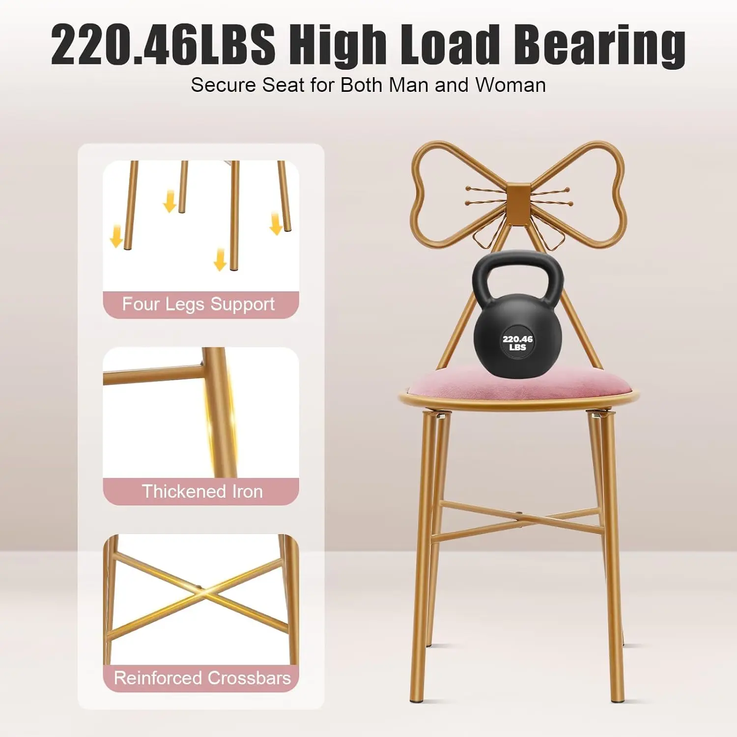 

Modern Vanity Chair Stool, Cute Makeup Chair w/Butterfly Backrest and Pink Flannel Cushion, Girl's Stool Chair