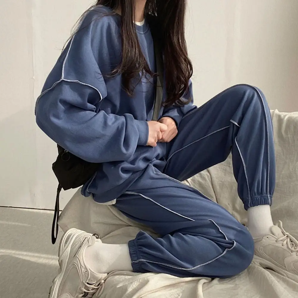 

Women Long-sleeved Sweatshirt Pants Tracksuit Set Women's Round Neck Sweatshirt Loose Trousers Set Solid Color Spring Tracksuit