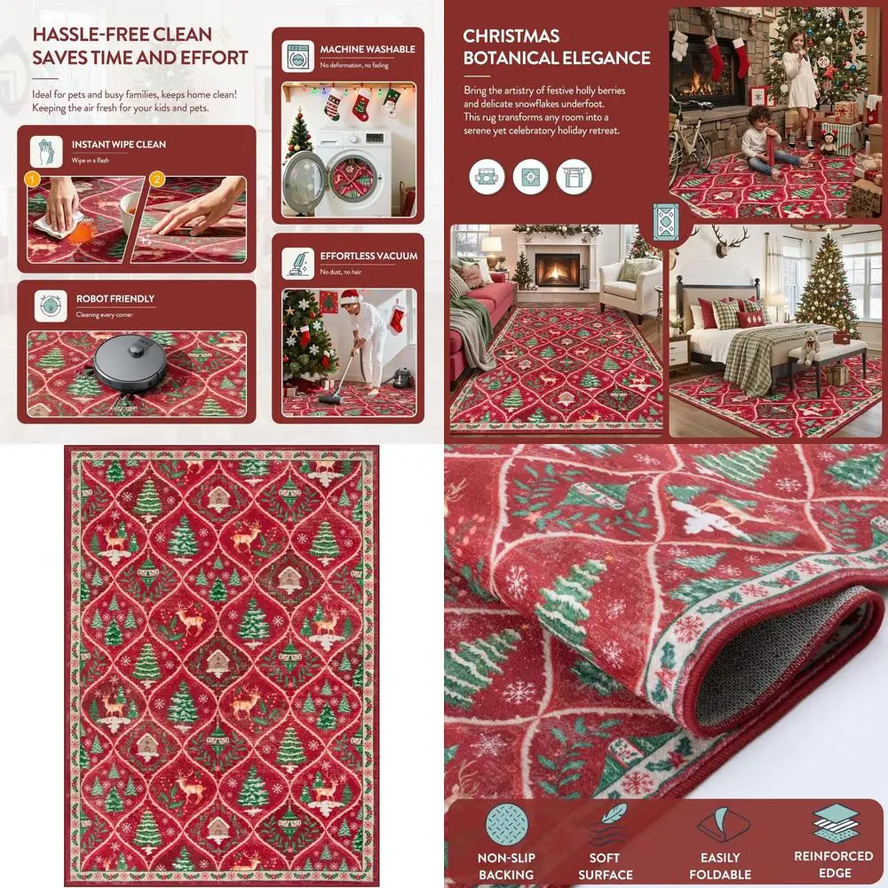 

5x7 Red Christmas Reindeer Rug - Large, Soft, Stain-Resistant Carpet for Living Room and Dining Area