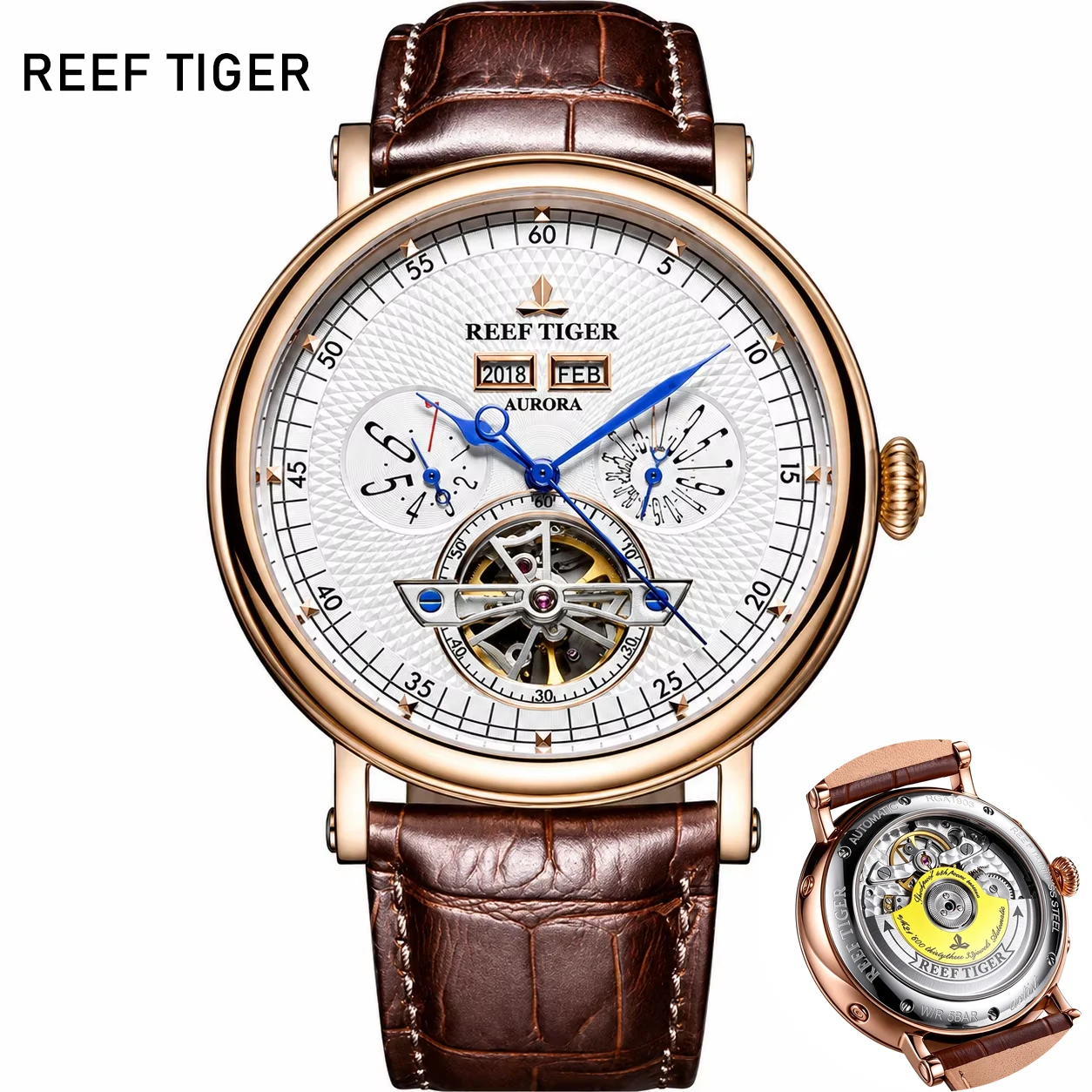 REEFTIGER Men's Automatic Skeleton Tourbillon Business Watch with Year, Month, Day, and Date Calendar; Sapphire Crystal