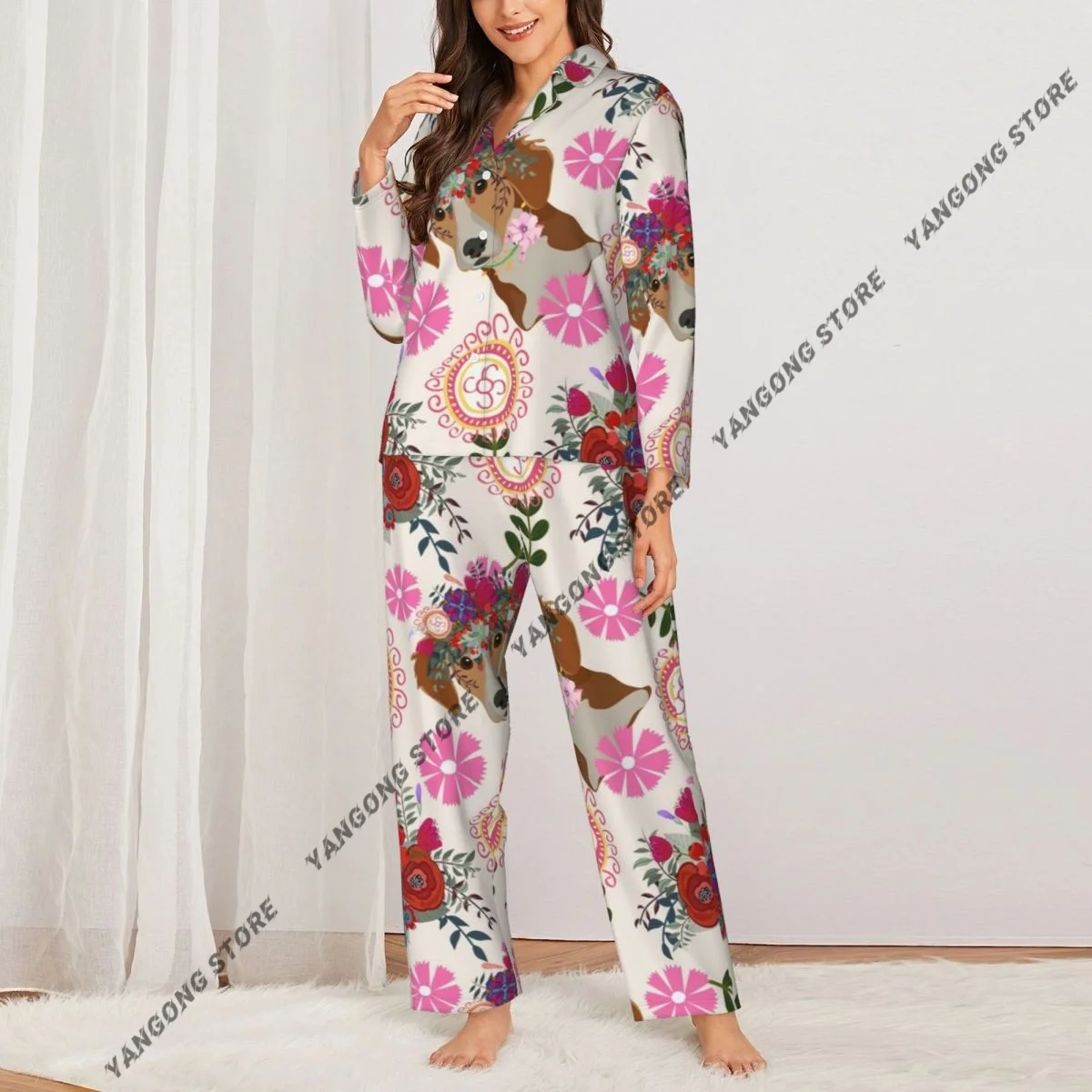 Women Sleepwear Pajamas Dog Floral Long Sleeve Pijama Female Set Negligee Cardigan Suit