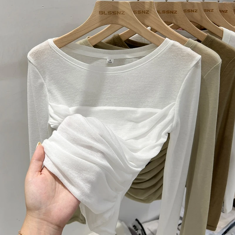 Zjaiss 2026 Spring Summer Mesh Thin Long Sleeve Women's T-Shirt Irregular Waist Cinched Inner Base Top Elegant Sexy Skinny Tee