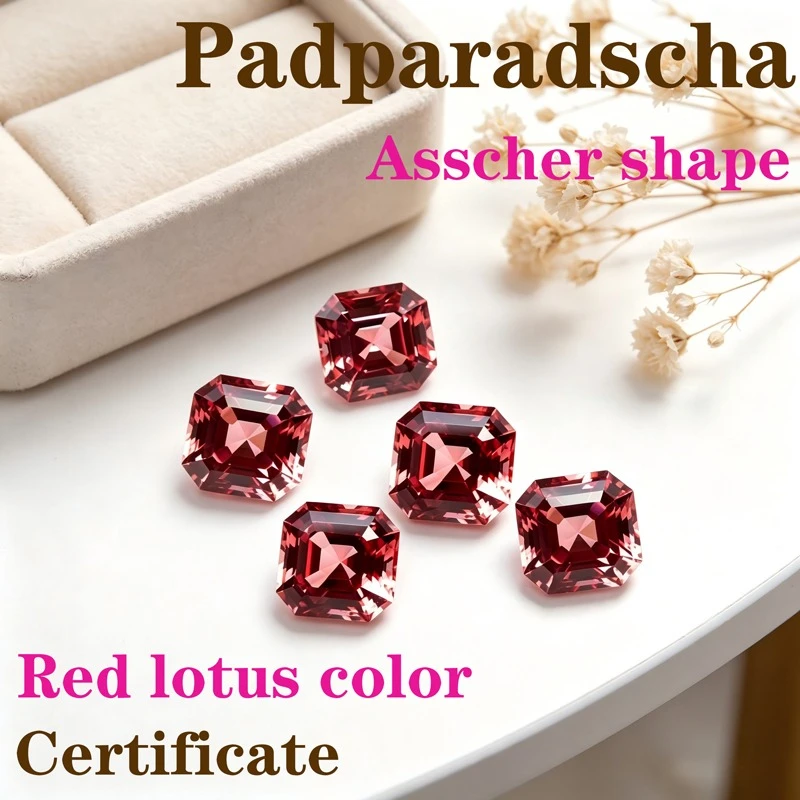

Artificial Gemstone Padparadscha Red Lotus Color Asscher Shape High Quality Available Certificate