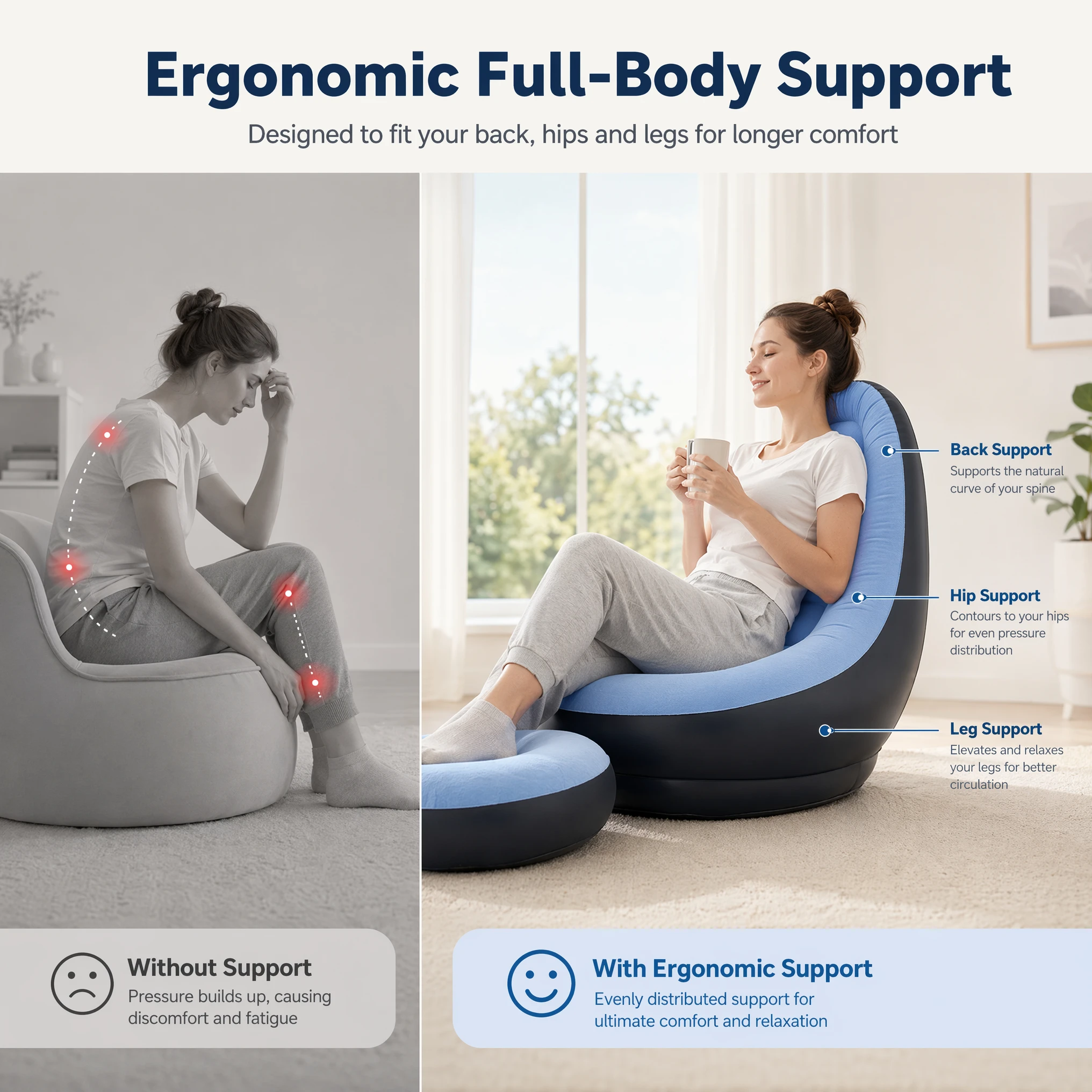 2 IN 1 Inflatable Sofa with Stool Soft Flocking Ergonomic Lounge Chair Fast Inflation Foldable Portable Waterproof PVC Sofa view 3