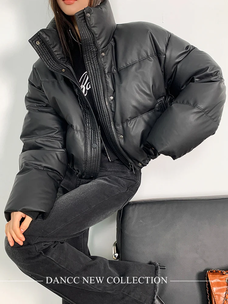 Zoki Streetwear Moto Women Pu Puffy Coat Vintage American Cropped Parkas Winter Thick Warm Long Sleeve Loose Cotton Down Coats