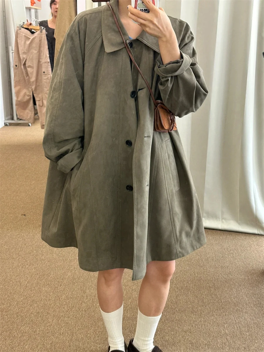 In Stock Preon Factory Homemade Autumn and Winter Ethos Same Sle Lapel Suede Casual Loose Mid-Length Trench coat