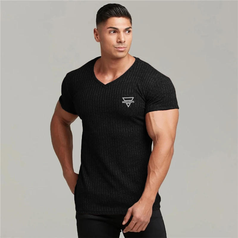 Men Bodybuilding V Neck Short Sleeve Shirt Gym Fitness Muscle Slim Fit Knit Strips T-shirt Breathable Quick Dry Summrt Clothing