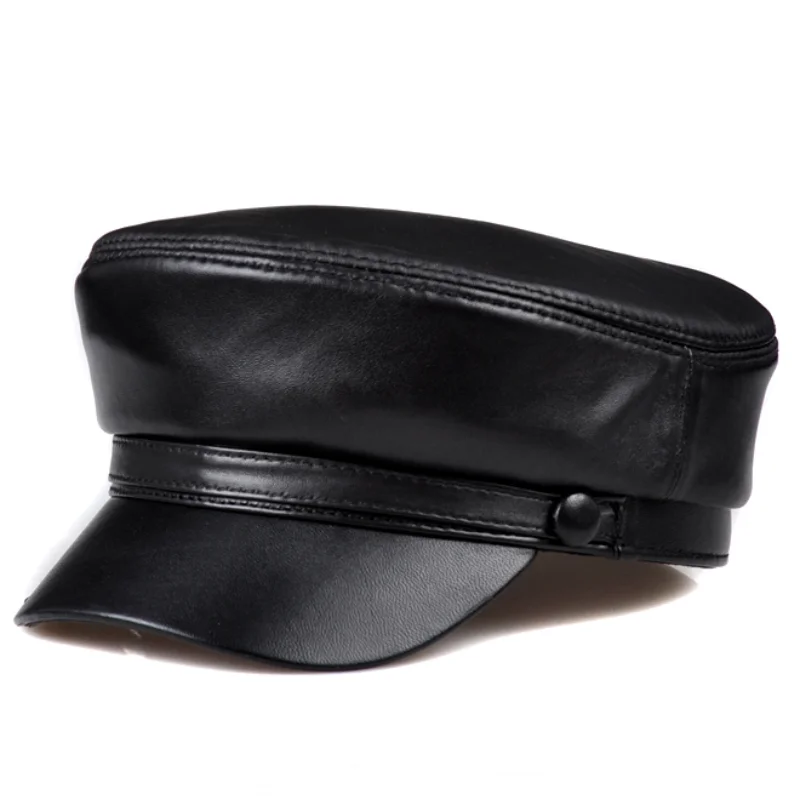 Leather Military Caps For Men Black Casual Flat Caps Army Women Genuine Leather Vintage Autumn Winter Military Hats