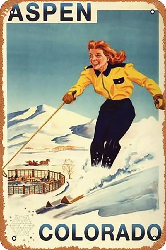 Metal Tin Sign  - Aspen, Colorado - Red-Headed Woman Skiing - Poster Metal Plaque Cafe, Bar, Home Wall Decor, caizhi8-aluminum